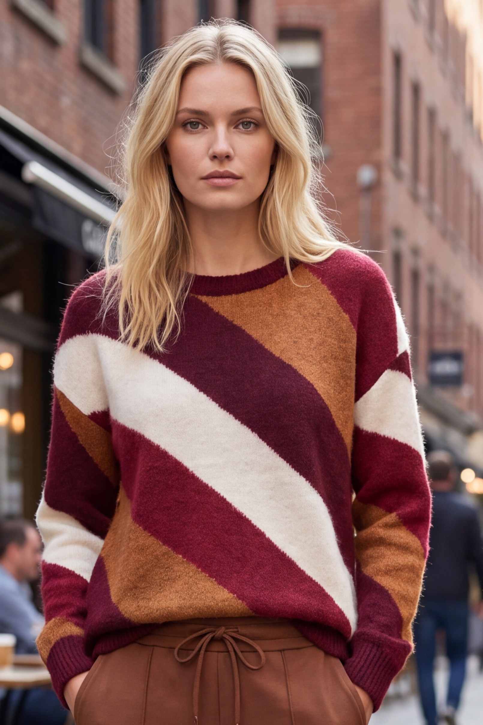 Dámsky pulóver s diagonálnymi pruhmi ROYAL EDGE BURGUNDY Bordovo-škoricový s.WEAR 6